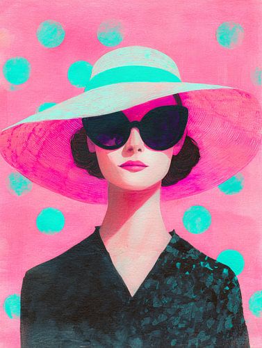 Stilvolle Frau mit Sonnenhut in bunter Retro-Pop-Art-Atmosphäre