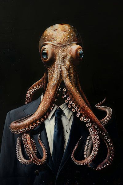 Oranje octopus als maffiabaas gangster met zwarte achtergrond van Digitale Schilderijen