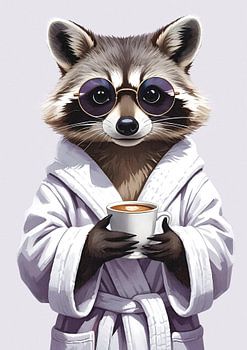 Waschbär am Morgen mit Kaffeetasse