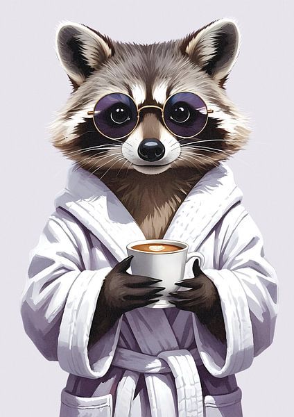 Raccoon in the morning with coffee cup by Renaissance Soul Art