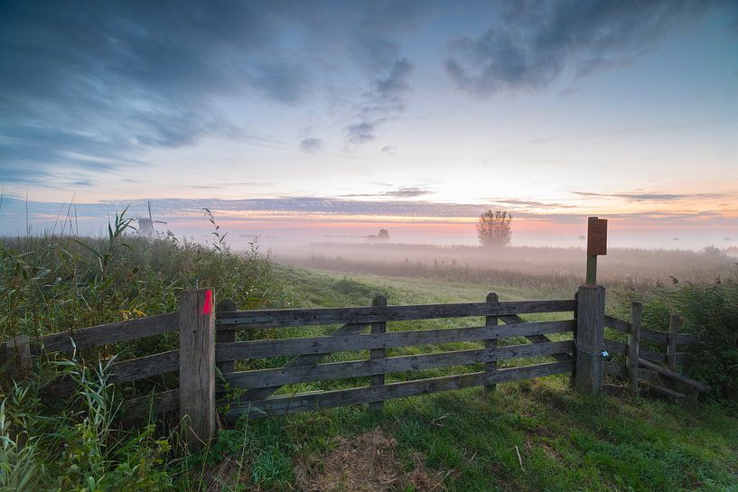 Polderlandschap Alblasserwaard in mist kort voor zonsopkomst van Beeldbank Alblasserwaard