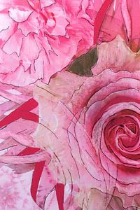 Mischtechnik mit verschiedenen Blüten in Rosa.