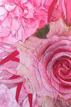 Mixed media met verschillende bloemen in roze. van Therese Brals
