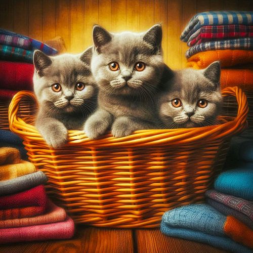 3 brits korthaar kittens in de wasmand
