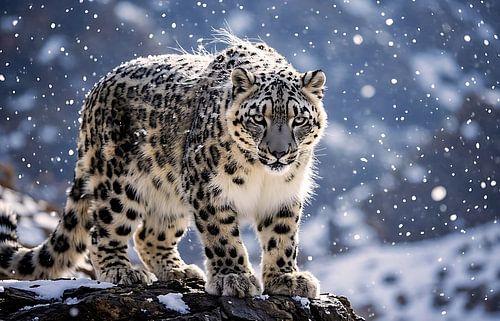 De schuwe sneeuwluipaard in winterwanddecoratie, fotografie van de alpiene fauna