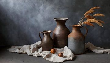 Stilleben mit Komposition aus rostigen Vasen und Krügen mit Pampasfedern von John van den Heuvel