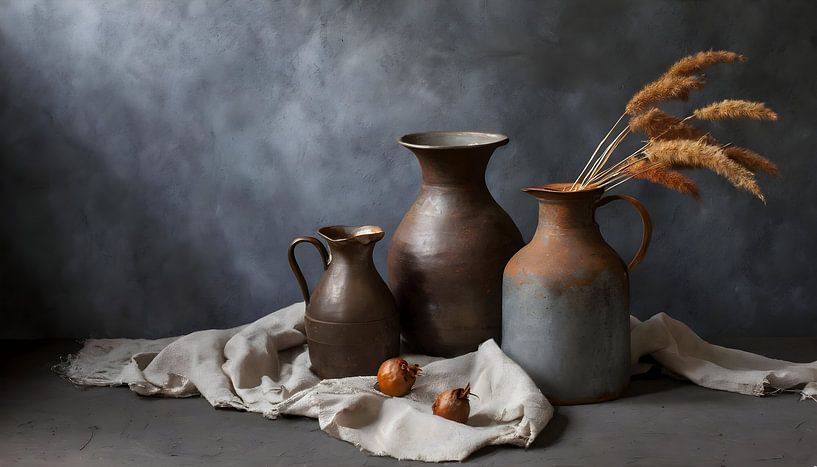 Still life with composition of rusty vases and pitchers with pampas plumes by Dutch Art Works
