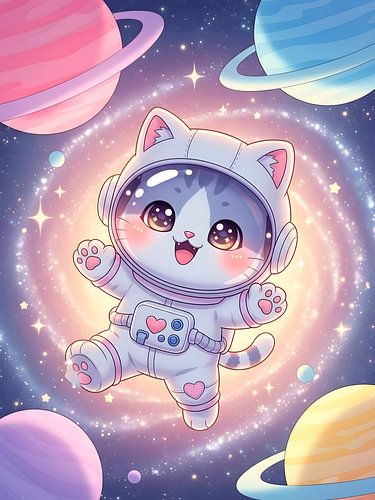 Adorable feline astronaut joyfully floats through a sparkling, whimsical pastel galaxy