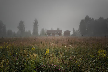 Swedish landscape – Horizontal panorama of a traditional red cottage in the mist