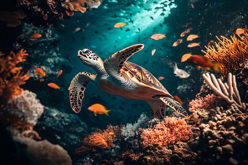 Schildpad in een kleurrijk koraalrif