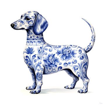 Dachshund standing in Delft Blue by Lauri Creates