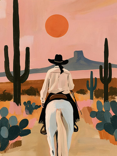 A cowboy on a white horse in a colourful desert landscape