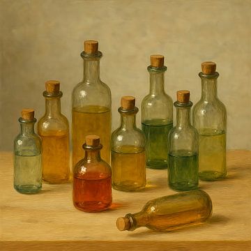 Apothekersflesjes in warme kleuren. Stilleven van Basahen