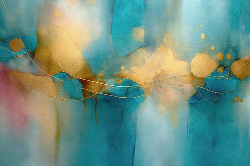 Peinture abstraite turquoise or rêveuse organique sur Joriali Art abstrait