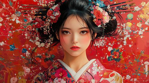 Japanese Woman in Red Kimono