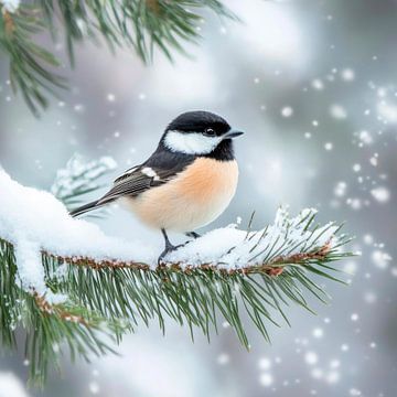 Vogel in de sneeuw op een dennentak van Poster Art Shop