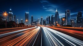 Autolichter, Lichtspuren auf der Autobahn bei Nacht mit Skyline im Hintergrund