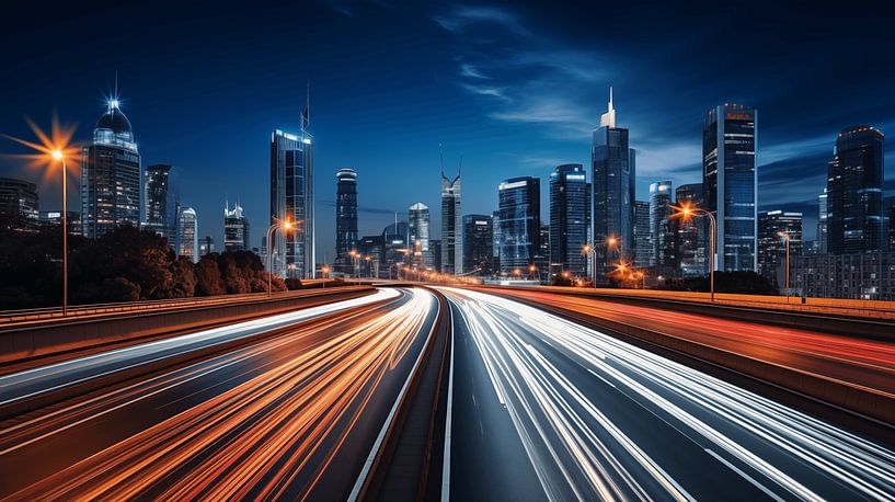 Autolichter, Lichtspuren auf der Autobahn bei Nacht mit Skyline im Hintergrund von Animaflora PicsStock