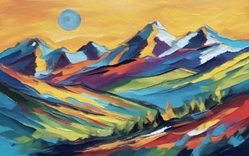 Abstrait coloré - Montagnes, soleil et vallée (1) sur Anna Marie de Klerk