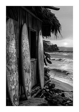 Lonely beach in the late afternoon with surfboards by Felix Brönnimann