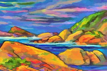 Felsenküste mit farbenfrohem, dramatischem Himmel von Anna Marie de Klerk