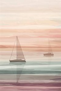 Zeitlose Horizonte und abstrakte Segelboote auf dem Meer vermitteln ein Gefühl von Urlaub und Freiheit