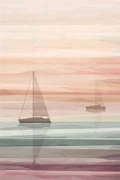 Tijdloze horizon en abstracte zeilboten op zee brengen een gevoel van vakantie en vrijheid van Karina Brouwer