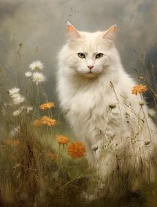 Chat blanc dans un champ de fleurs