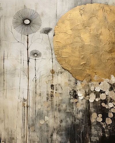 Landschap in mixed media stijl met gouden accenten van Studio Allee