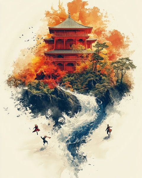 Rote Pagode auf Insel mit Wasserfall von Lufy