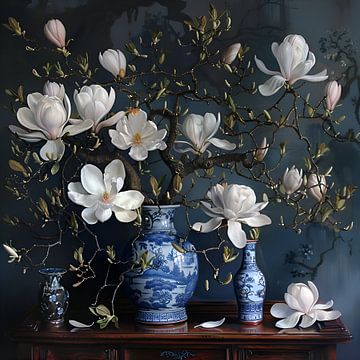 Magnolia in Delft blue vases by StudioMaria.nl