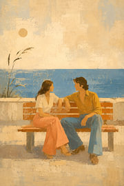 Enjoying time together on the promenade (AI) (dating, romance, vintage, beach, sea, retro, couple in love) by Natalie Bruns