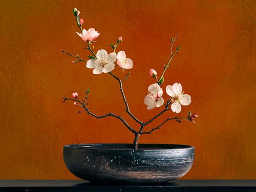 Stimmungsvolles Stillleben mit Mandelblüten im Ikebana-Stil