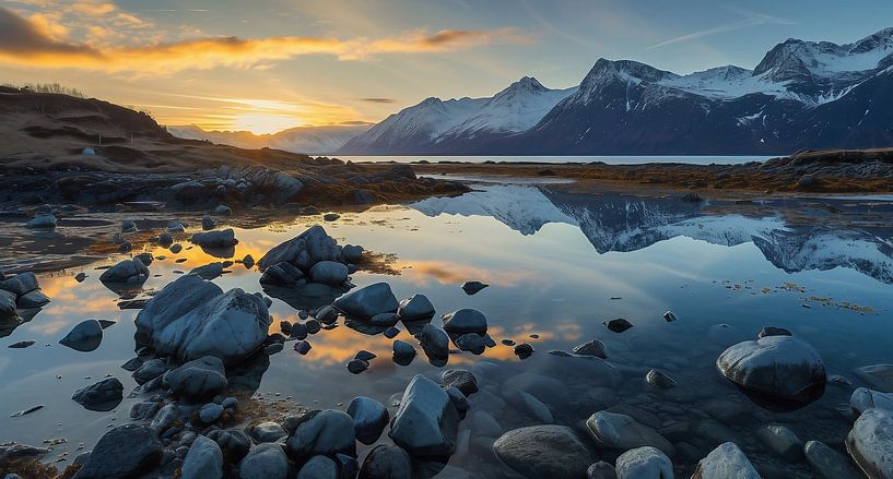 Avondgloed, lucht en water weerspiegelen elkaar van fernlichtsicht