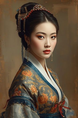 Originele Chinese vrouw in traditionele kleding en juwelen uit de 18de eeuw.