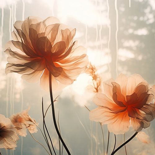 Fuzzy peach bloemen in de mist