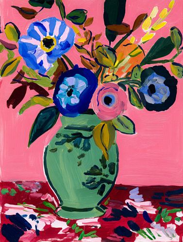 Fleurs dans un vase vert - nature morte moderne et colorée sur fond rose