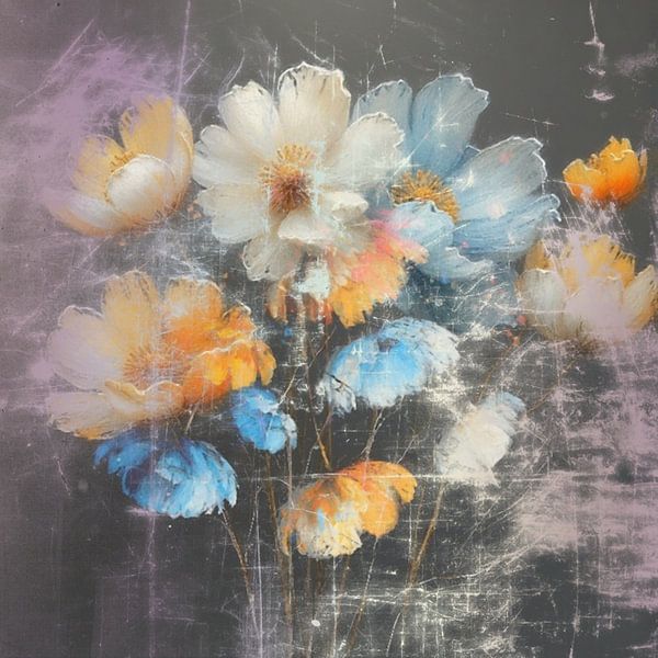 Mehrere Blumen auf Kreidetafel Pastell Kunst. von J.a Dijkstra