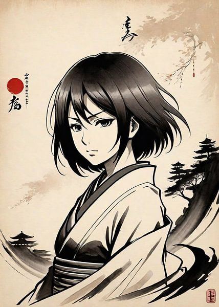 Silhouette Painting of Mikasa with a traditional Japanese background by Muhammad Yunus