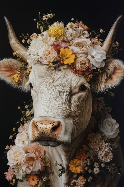Elegant Cow in Soft Floral Splendour - Romantic Beauty by Eva Lee