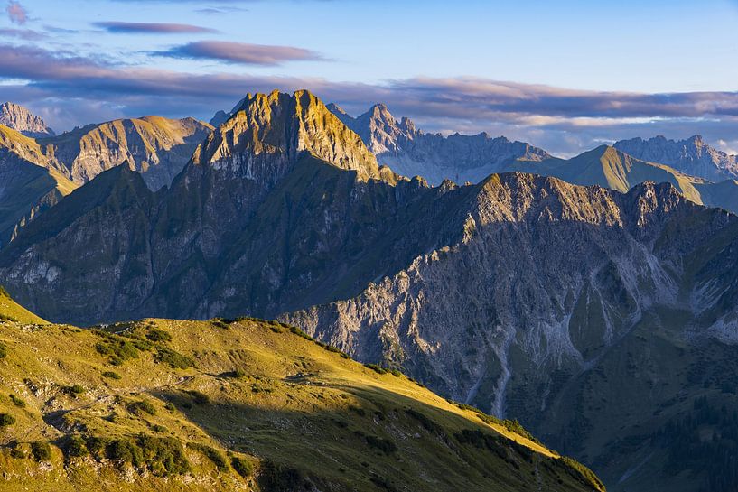 Mountain panorama from Laufbacher-Eckweg to Höfats at sunset, Allgäu Alps by Walter G. Allgöwer