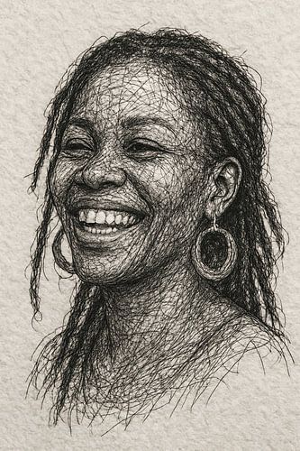 Levensvreugde (draad portret vrouw donkere huidskleur rasta dreadlocks zwart wit beige papier)