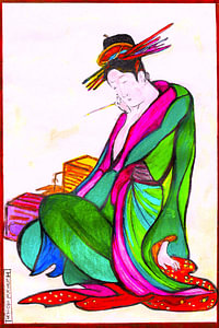 Geisha in einem grünen Kimono.