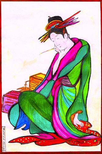 Geisha in a green kimono. by Ineke de Rijk