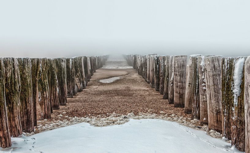 Golfbreker in de noordzee bij het besneeuwde strand van Dishoek in Zeeland van Wout Kok