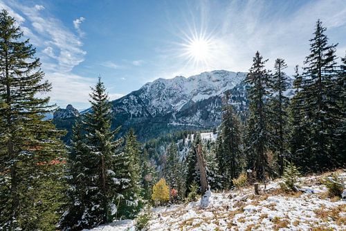 Breitenberg in autumn with frost and fresh snow