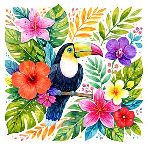 Tropische toekan tussen kleurrijke jungle bloemen (AI) (fris, vogel, exotisch, schilderij, felle, vrolijke, kleuren)