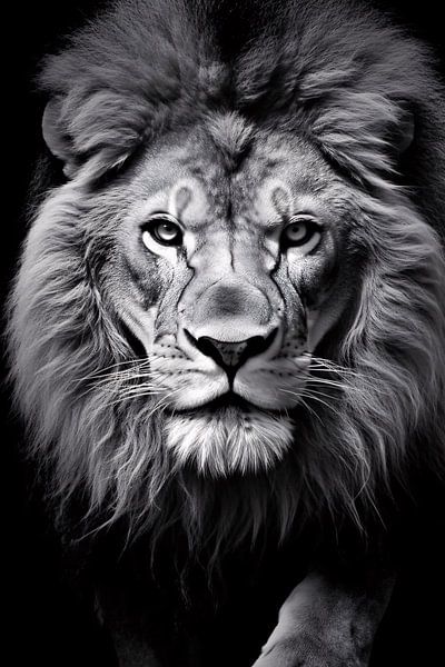 Black-and-white portrait of a lion by Art & Soul Creations