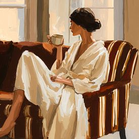 Ruhige Frau mit einer Tasse Kaffee im warmen Morgenlicht von But First Framing