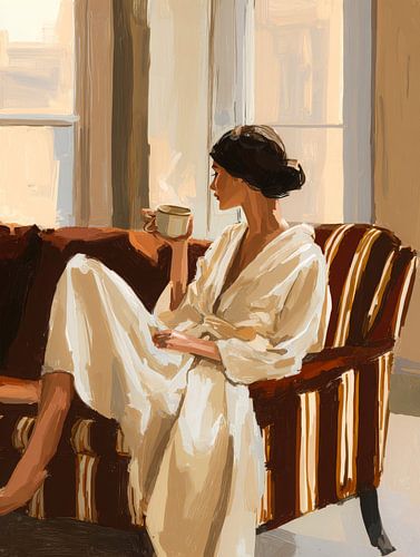 Femme tranquille avec une tasse de café dans la lumière chaude du matin